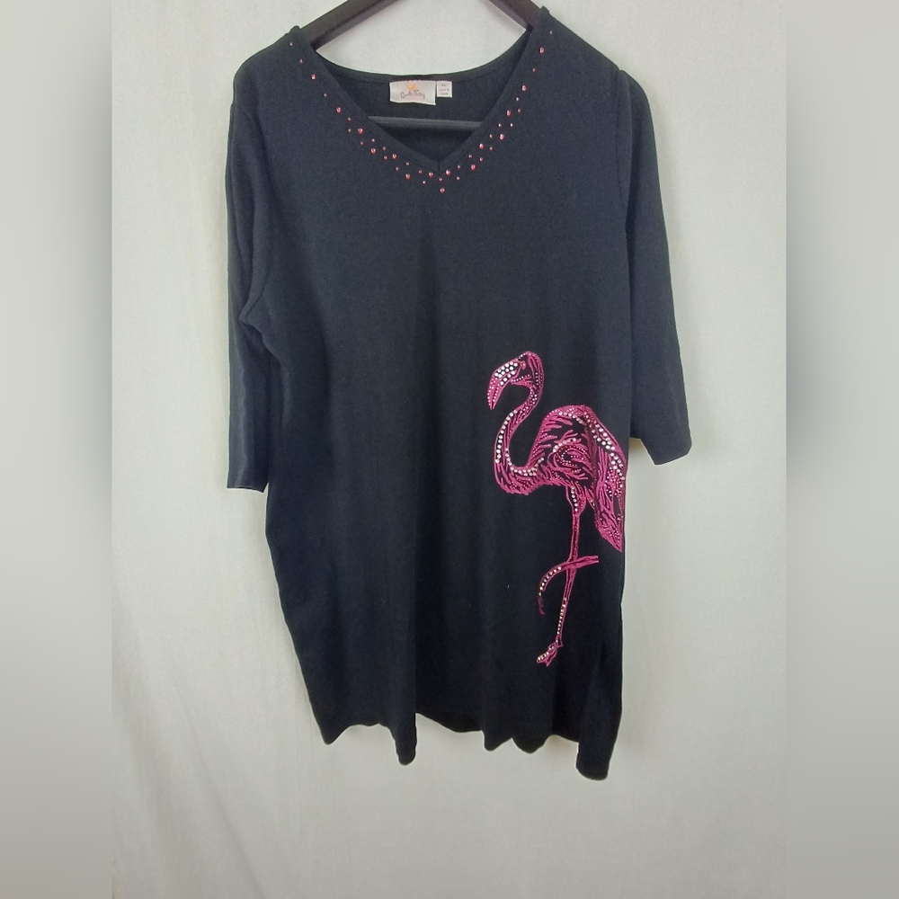 Quacker Factory 3/4 Sleeve Summer Beach Cover-up Flamingo XL Black A253497